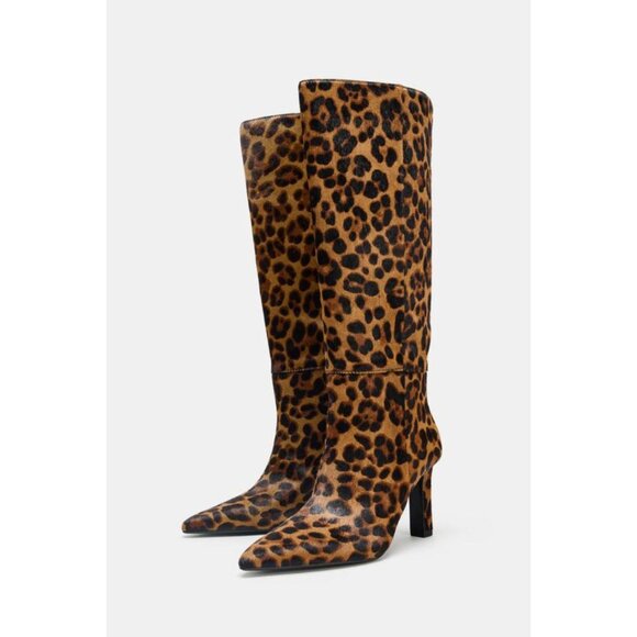 ZARA ANIMAL PRINT LEATHER AND SHEEPSKIN BOOTS - Picture 1 of 8